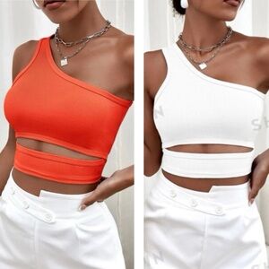2 Top Bundle -> SHEIN Women’s Orange & White Ribbed One Shoulder Crop Tops